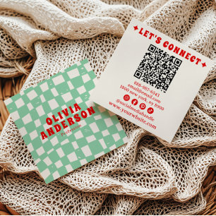 Carte De Visite Carré Code QR Rétro Groovy À Damier Bohème Tendance Uniq