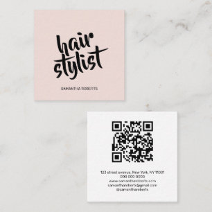 Carte De Visite Carré Code QR rose poudré écriture moderne pour coiffeur