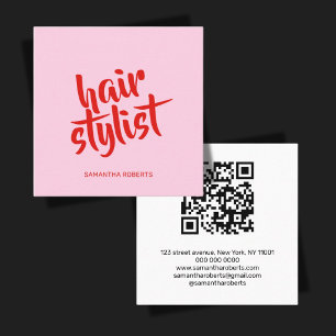 Carte De Visite Carré Code QR rose rouge écriture moderne coiffeur
