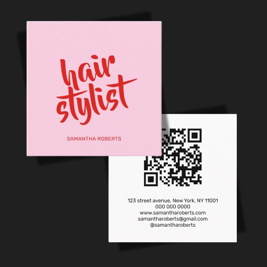 Carte De Visite Carré Code QR rose rouge écriture moderne coiffeur