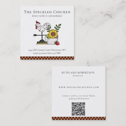 Carte De Visite Carré Code QR rustique du coq de poulet (Devant / Derrière)