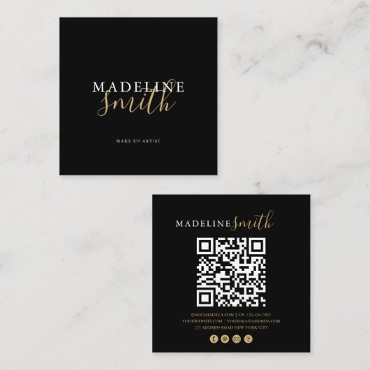 Carte De Visite Carré code QR script or Gold noir carré (Devant / Derrière)