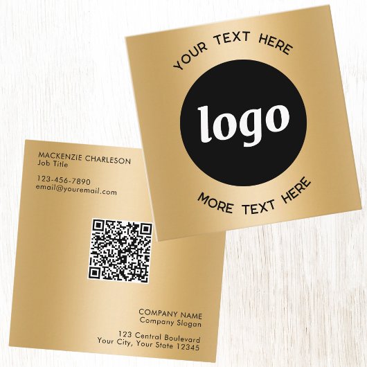 Carte De Visite Carré Code QR simple logo et texte Or