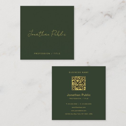 Carte De Visite Carré Code QR texte doré écriture manuscrite verte éléga (Devant / Derrière)