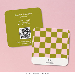 Carte De Visite Carré Code QR Vérifications Vertes Roses Modernes
