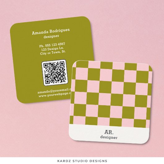 Carte De Visite Carré Code QR Vérifications Vertes Roses Modernes