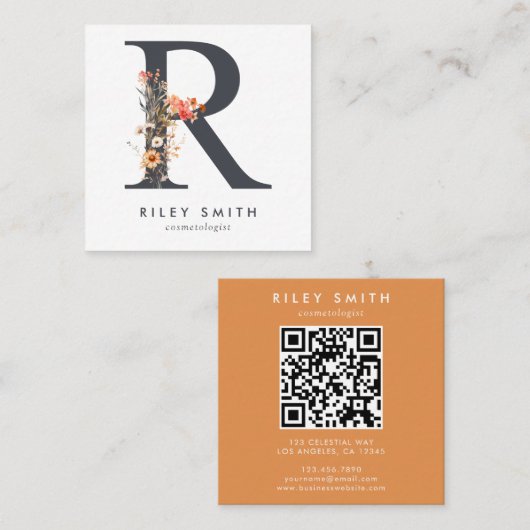Carte De Visite Carré Code R QR initial du Fleur sauvage Boho (Devant / Derrière)