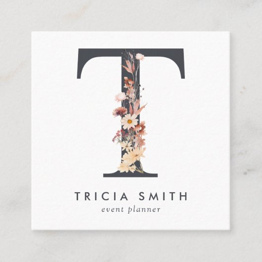 Carte De Visite Carré Code T QR initial du Fleur sauvage Boho (Devant)