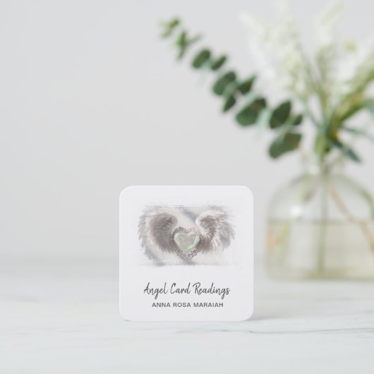 Carte De Visite Carré *~* Coeur Opal QR Ange ailes AP78 blanc Delicate (Debout devant)