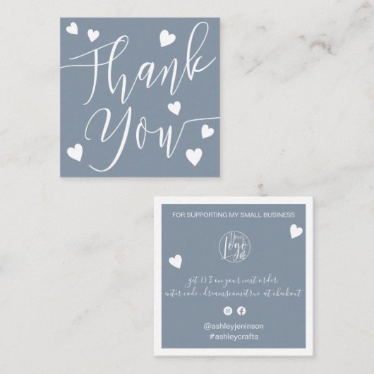 Carte De Visite Carré Coeurs modernes merci script commander bleu poussi (Devant / Derrière)