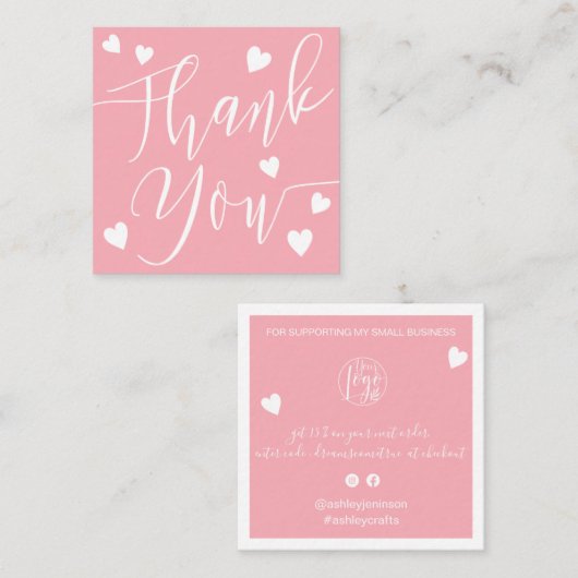Carte De Visite Carré Coeurs modernes merci script commander rose (Devant / Derrière)