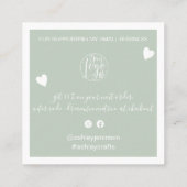 Carte De Visite Carré Coeurs modernes merci script commander vert sage (Dos)