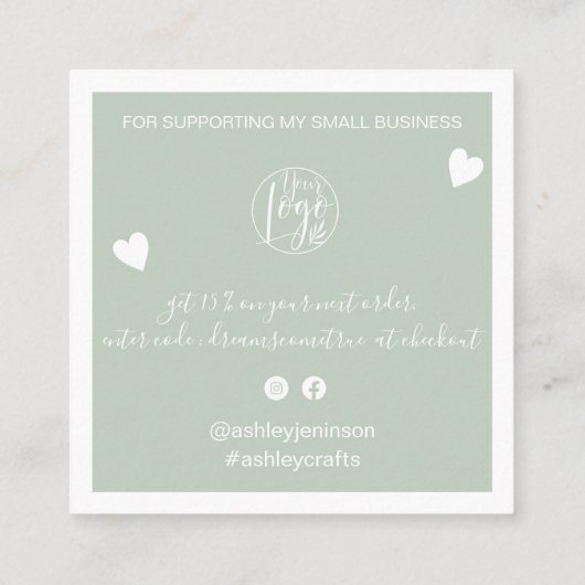 Carte De Visite Carré Coeurs modernes merci script commander vert sage (Dos)