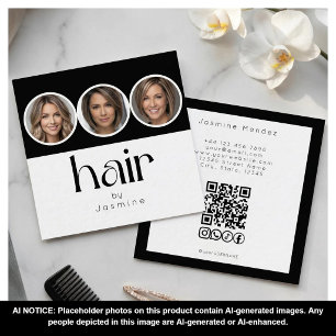 Carte De Visite Carré Coiffeur 3 Photo QR Code Réseaux Sociaux Noir Blan