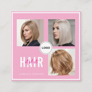 Carte De Visite Carré Coiffeur aux Cheveux Roses Collage Photo Code QR É