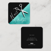 Carte De Visite Carré Coiffeur élégante de ciseaux bleus et noirs à la m (Devant / Derrière)