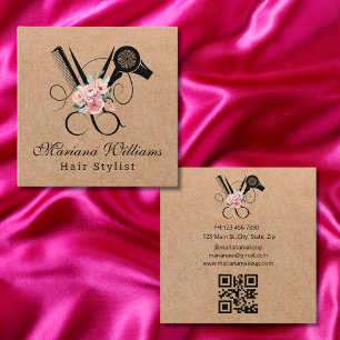 Carte De Visite Carré coiffeur floral ciseau qr code kraft brun