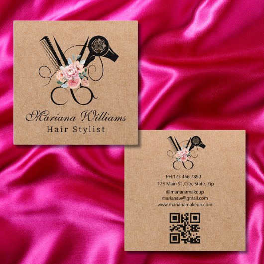 Carte De Visite Carré coiffeur floral ciseau qr code kraft brun