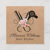Carte De Visite Carré coiffeur floral ciseau qr code kraft brun (Devant)