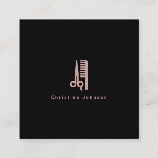Carte De Visite Carré coiffeur logo or rose sur noir (Devant)