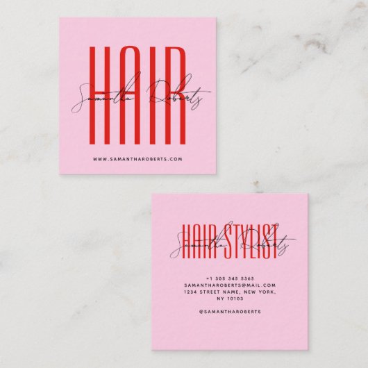 Carte De Visite Carré Coiffeur script typographie moderne rose rouge (Devant / Derrière)