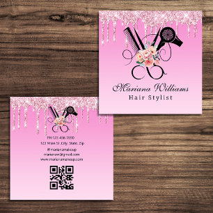 Carte De Visite Carré coiffeur styliste floral ciseau qr code rose parti