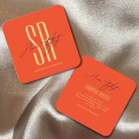 Carte De Visite Carré Coiffeuse moderne orange monogramme initiales