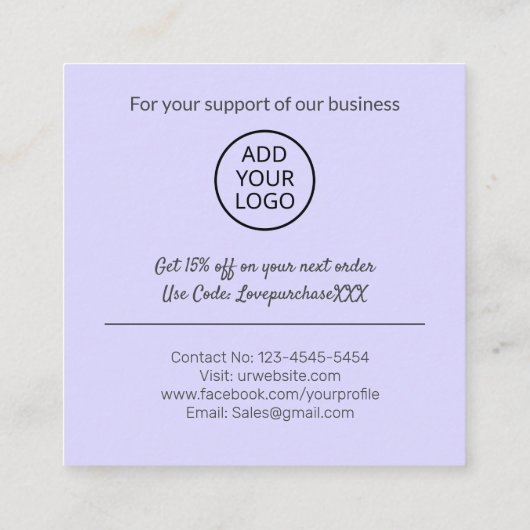 Carte De Visite Carré Commande de script remerciement moderne minima vio (Dos)