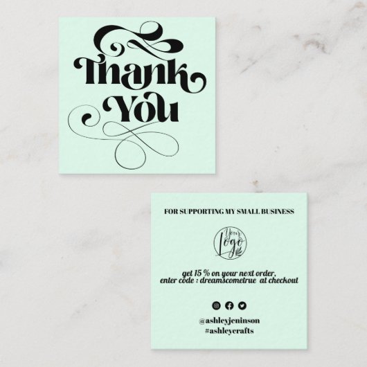 Carte De Visite Carré Commande simple cool retro script merci (Devant / Derrière)