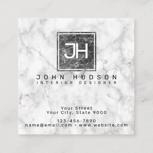 Carte De Visite Carré Conception de marbre noir et blanc Monogramme mode (Dos)