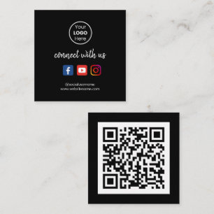 Carte De Visite Carré Connect with   Média social QR Code noir