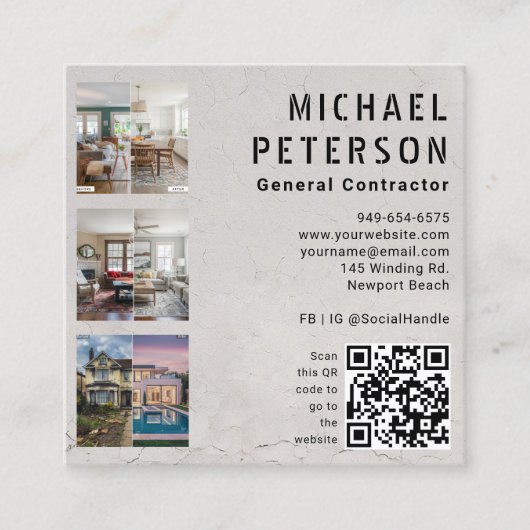 Carte De Visite Carré Construction Builder Developer QR Code 3 Photos (Devant)