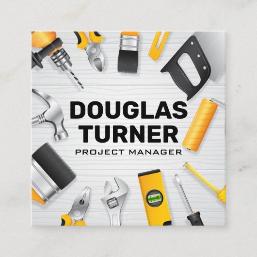 Carte De Visite Carré Construction d'outils sur table en bois (Devant)