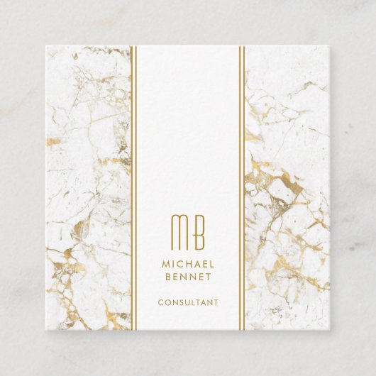 Carte De Visite Carré Consultant en Marbre blanc d'or monogramme (Devant)