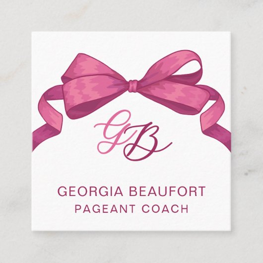 Carte De Visite Carré Coquette Fuchsia Bow Monogram Beauty QR Code (Devant)