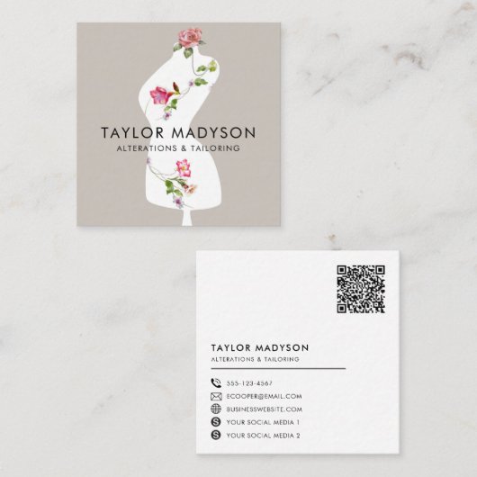 Carte De Visite Carré Coudre Seamstress Tailor Mannequin Fleurs Code QR (Devant / Derrière)
