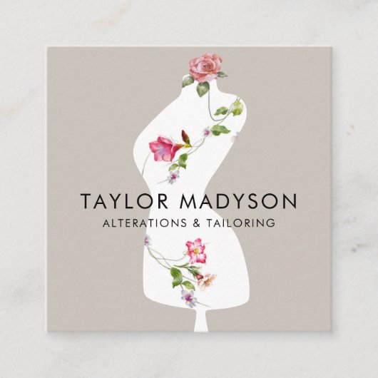 Carte De Visite Carré Coudre Seamstress Tailor Mannequin Fleurs Code QR (Devant)