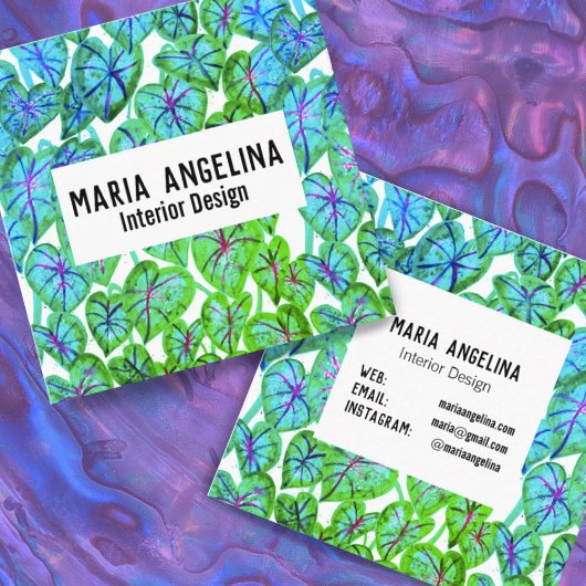 Carte De Visite Carré Couleur tropicale Caladium Feuilles Aquarelle