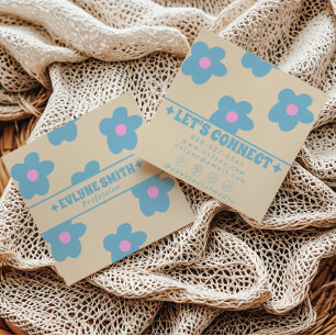 Carte De Visite Carré Crème Rétro Bleu Groovy Floral Tendance Amusant Bo