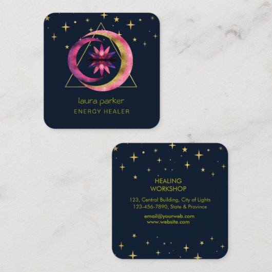 Carte De Visite Carré Crescent Moon Mystic Lotus Flower Healing Energy (Devant / Derrière)