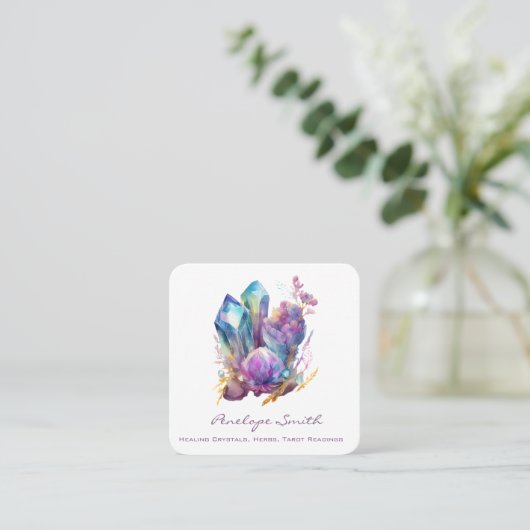 Carte De Visite Carré Cristaux et fleurs d'aquarelle (Debout devant)