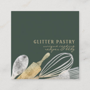 Carte De Visite Carré Cuisinier en pâtisserie lux sauge vert or