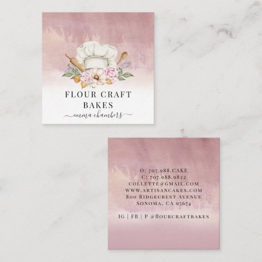 Carte De Visite Carré Cuisiniers pâtissiers boulangères Outils Roses pou (Devant / Derrière)