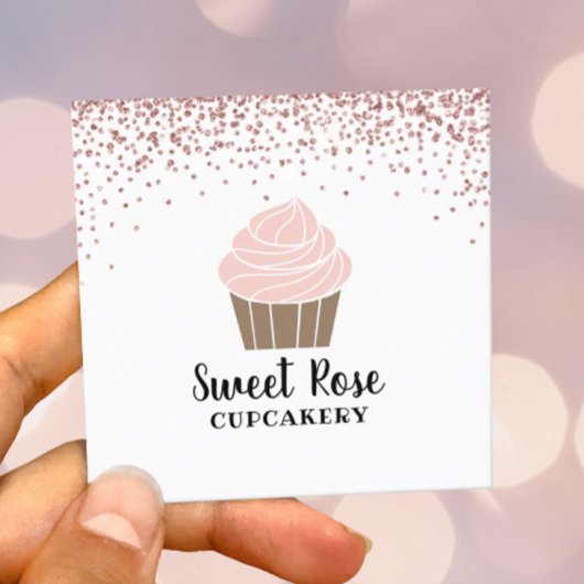 Carte De Visite Carré Cupcake Bakery Cute Rose Gold Confetti