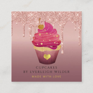 Carte De Visite Carré Cupcake Bakery Pastry Chef Glitter Drips Rose Gold