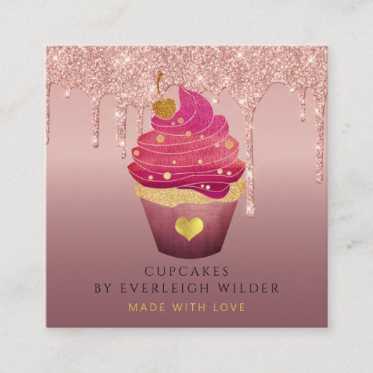 Carte De Visite Carré Cupcake Bakery Pastry Chef Glitter Drips Rose Gold (Devant)