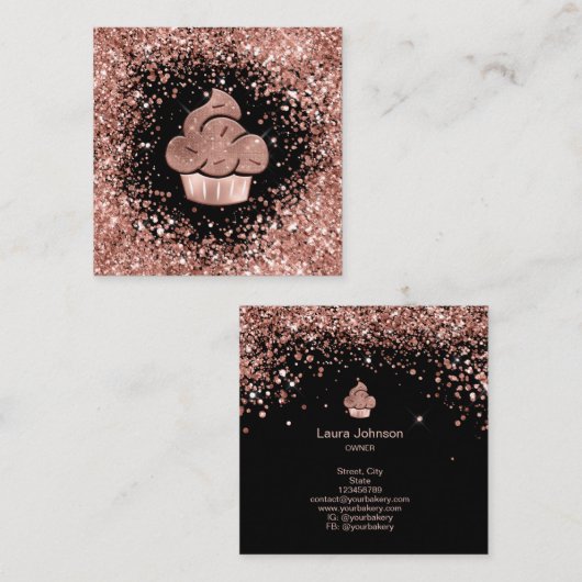 Carte De Visite Carré Cupcake Bakery Pastry Chef Glitter Drips Rose Gold (Devant / Derrière)