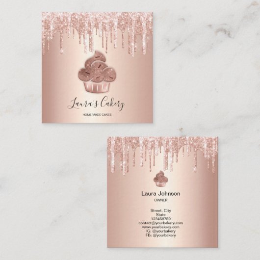 Carte De Visite Carré Cupcake Bakery Pastry Chef Glitter Drips Rose Gold (Devant / Derrière)