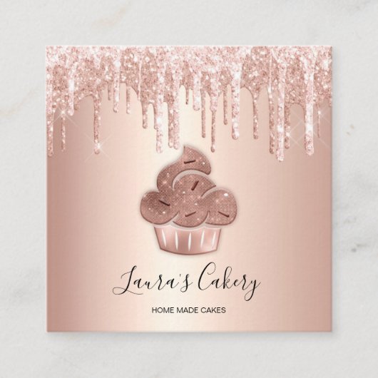 Carte De Visite Carré Cupcake Bakery Pastry Chef Glitter Drips Rose Gold (Devant)