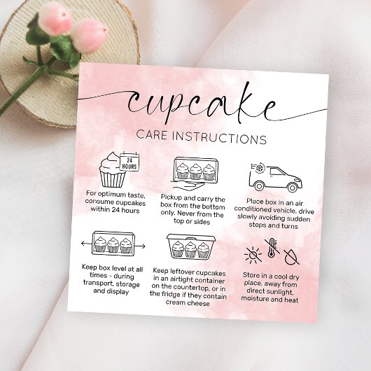 Carte De Visite Carré Cupcake Care Instructions Aquarelle rose pâle